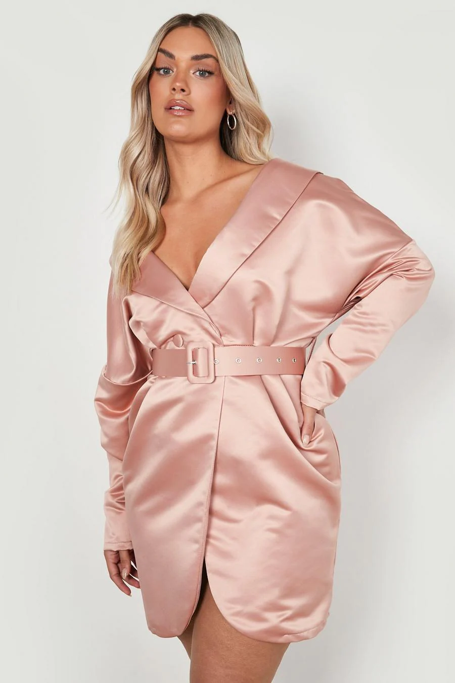 Plus Satin Belted Off Shoulder Blazer Dress